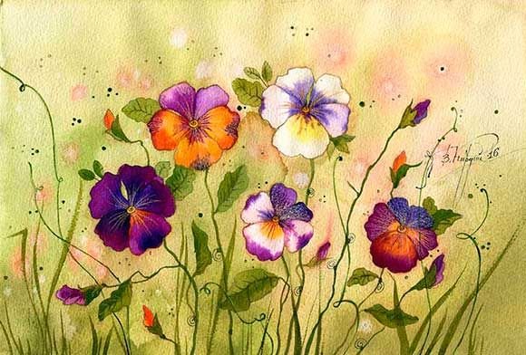 Анютины глазки акварелью