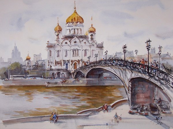 Патриарший мост Москва акварель