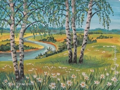 Весенний пейзаж гуашь с березками