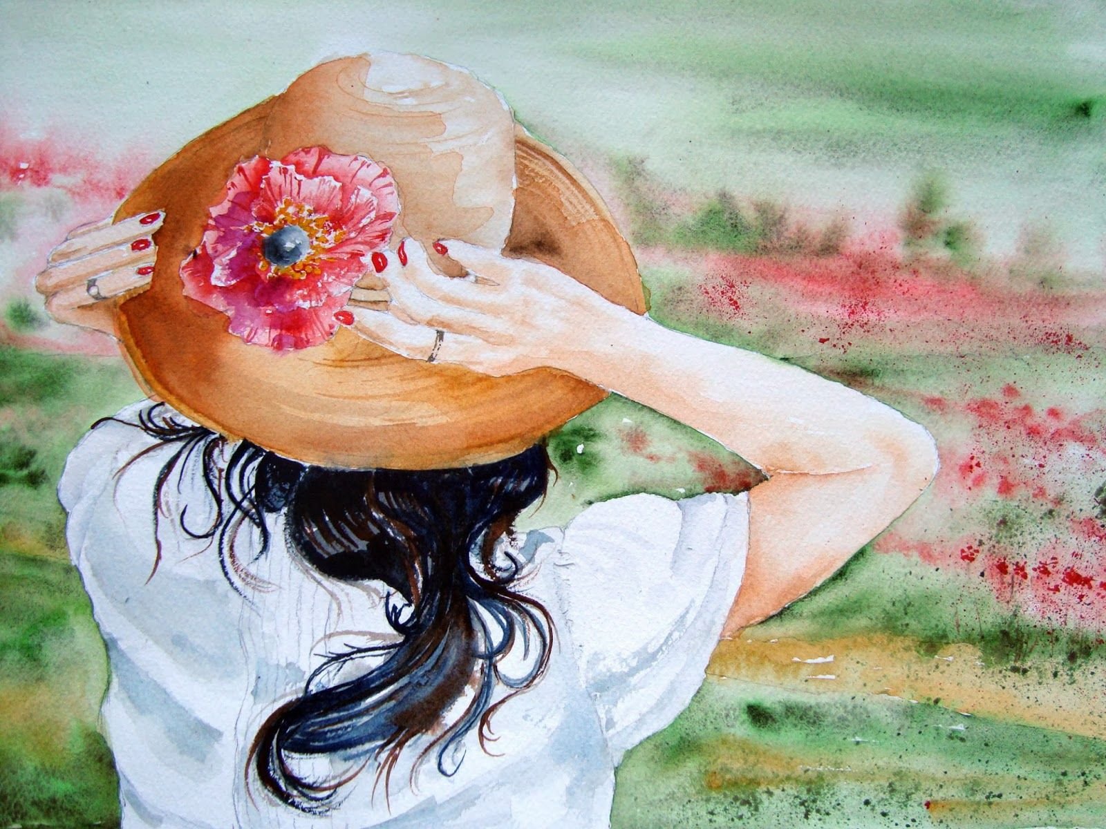 Девушка с цветами акварель