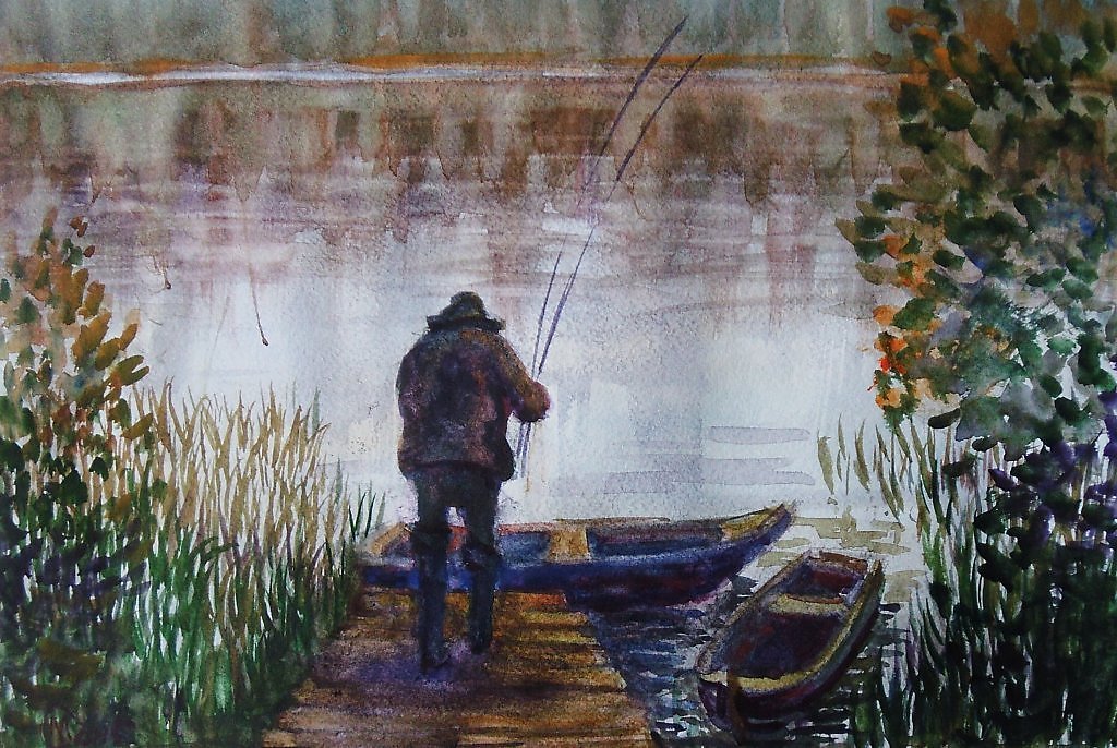 Паустовский ловил рыбу. Пейзаж с рыбаком. Рыбак живопись. Картина Рыбак.