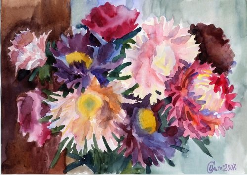 Этюд астры акварелью