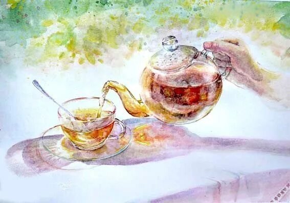 Натюрморт чайник и чашка акварель