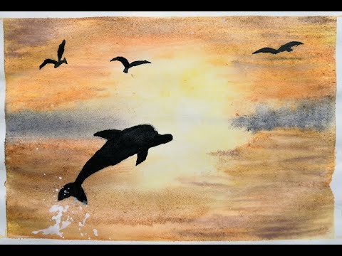 Дельфины на закате акварель