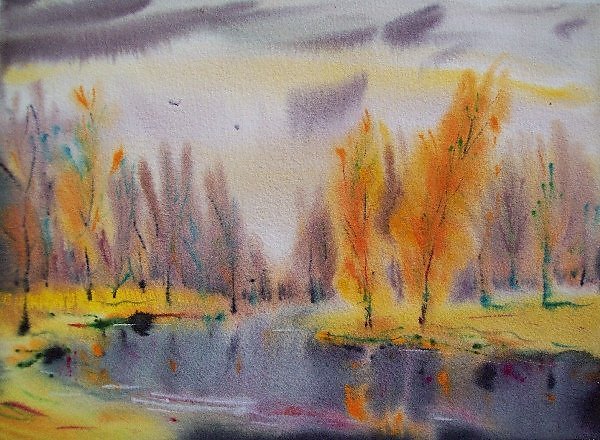 Осень по мокрому акварелью