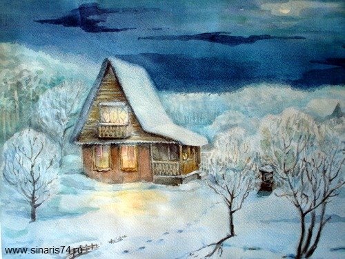 Зимний дом акварель