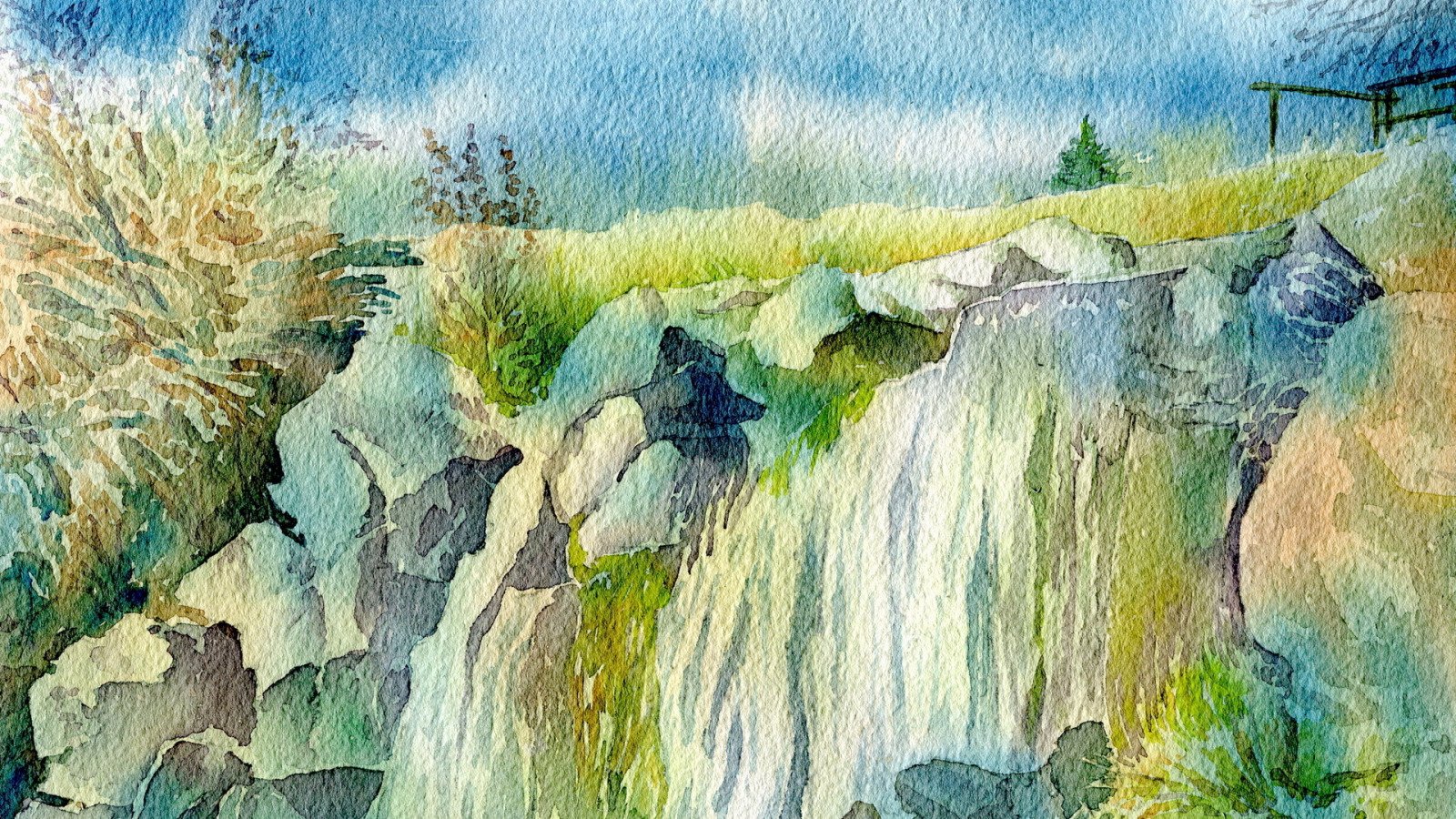 Водопад акварелью