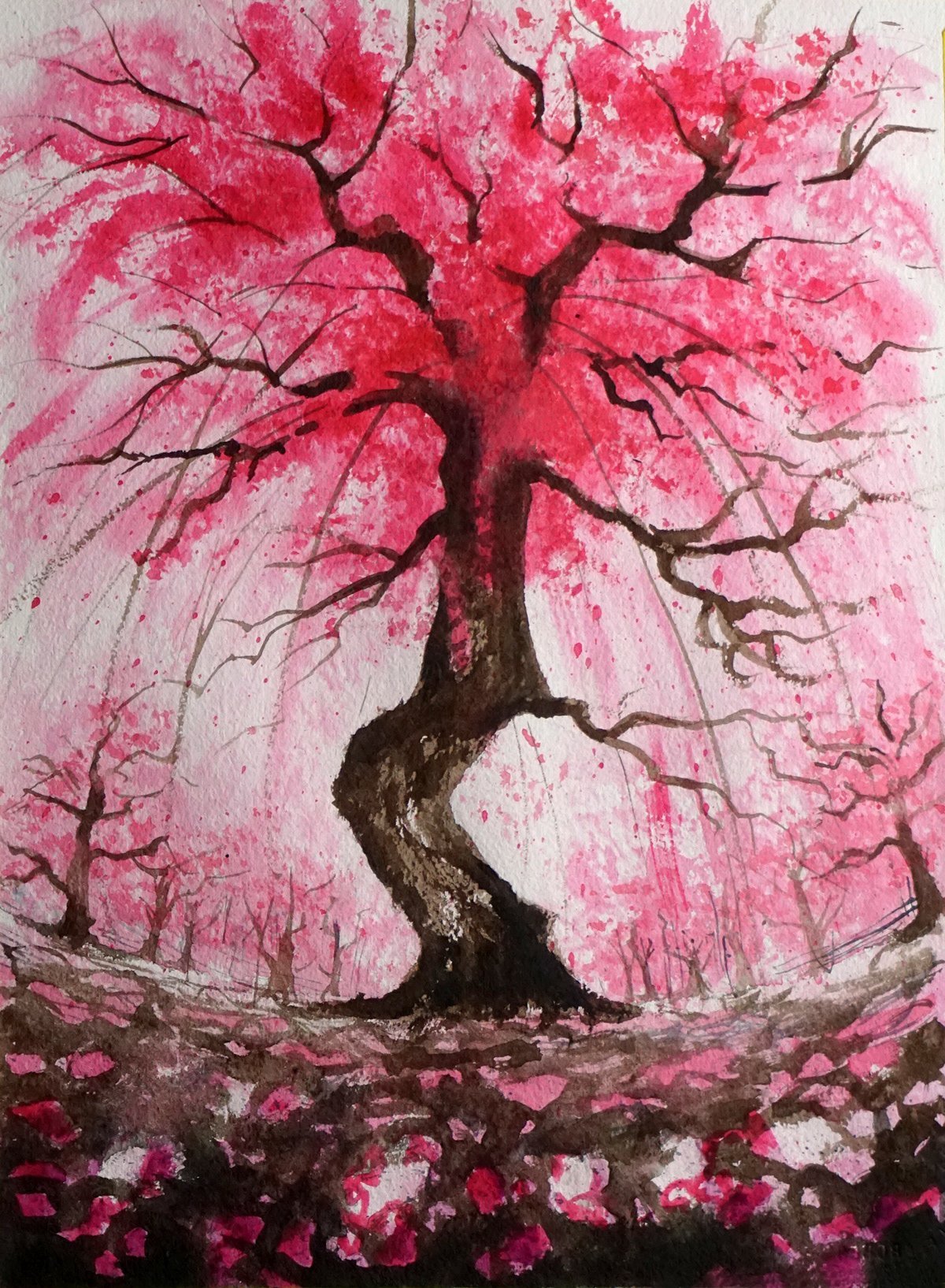 Розовое дерево акварелью