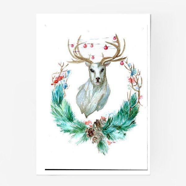 Акварельный новогодний олень