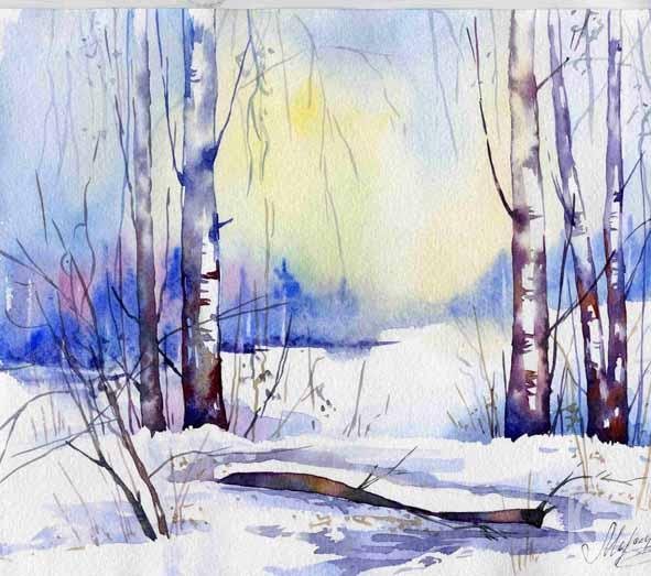 Пейзаж акварелью февраль