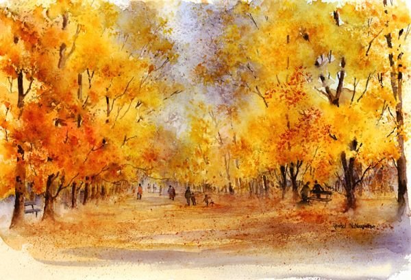 Рисование осеннего пейзажа акварелью