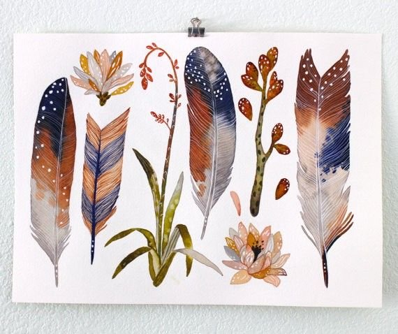Перья птиц акварелью