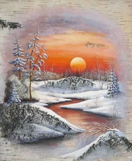 Быстрое рисование акрилом зимний пейзаж