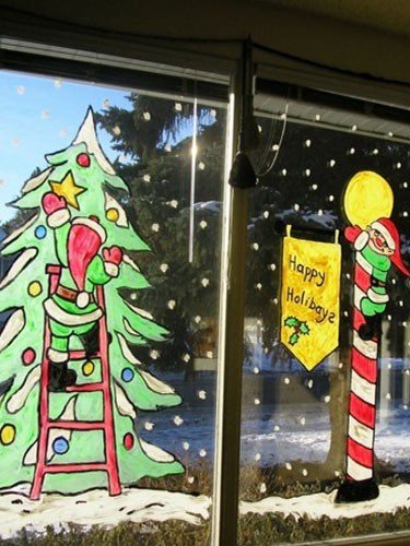 Елка на окнах к новому году гуашью