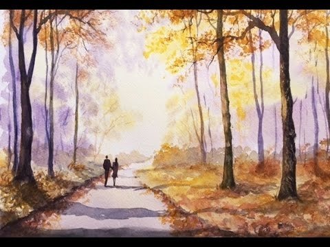 Осень в парке акварель