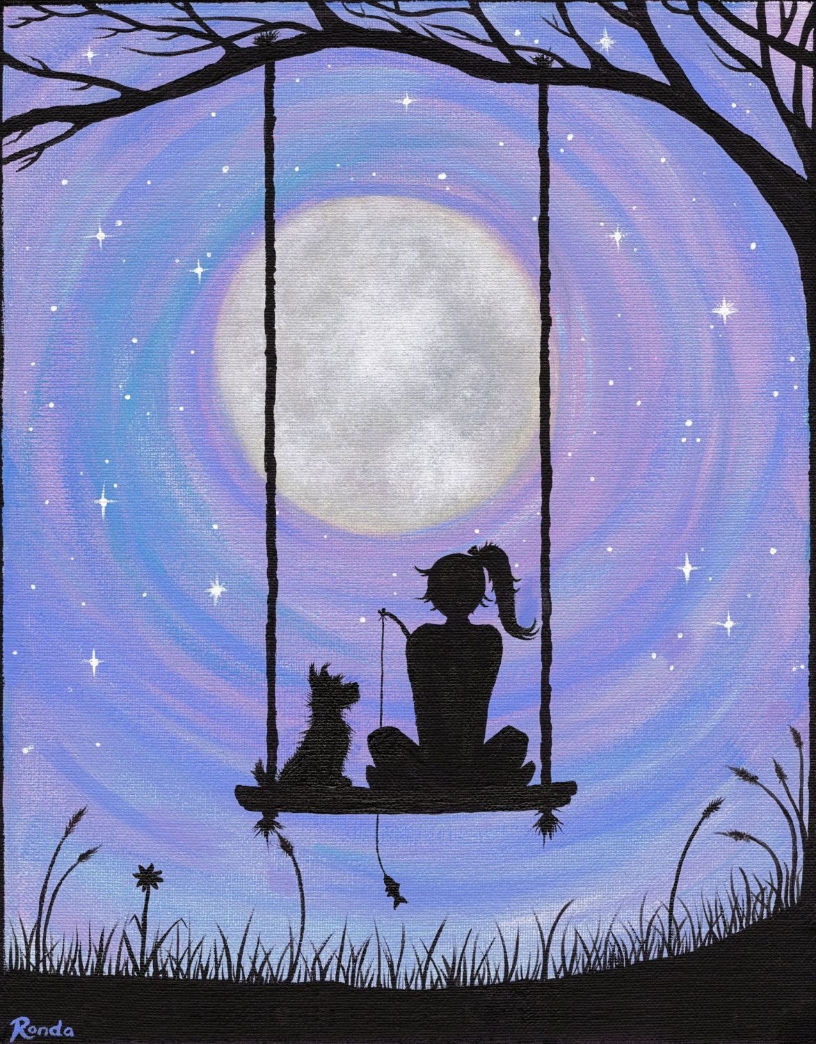 Девочка с котом на фоне Луны