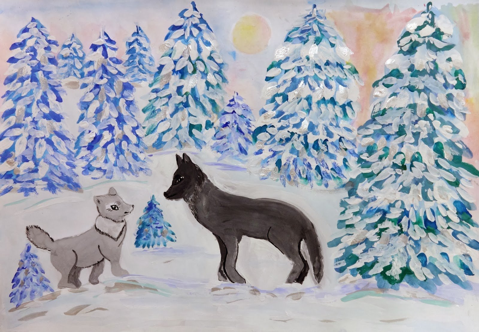 Волк зимой рисунки гуашью