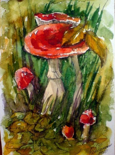 Мухомор акварелью