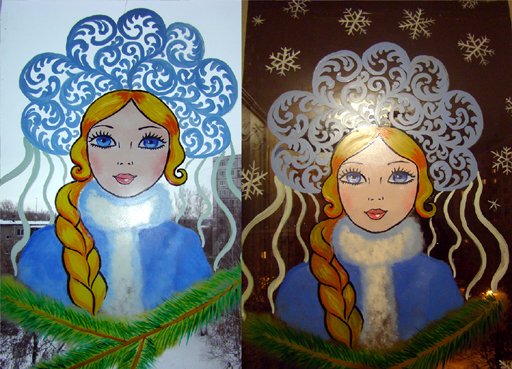 Снегурочка на окне гуашью