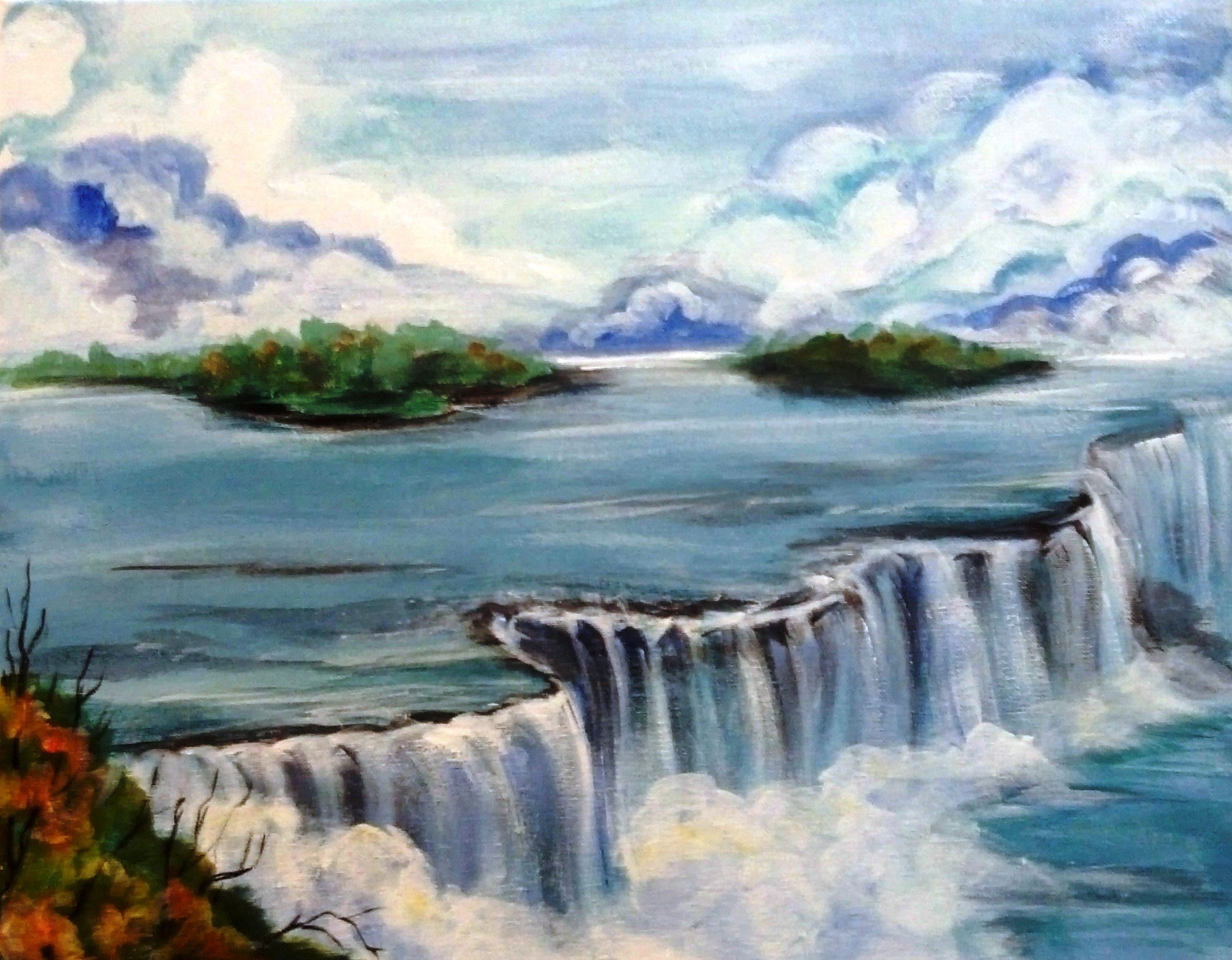 Пейзаж водопад гуашью