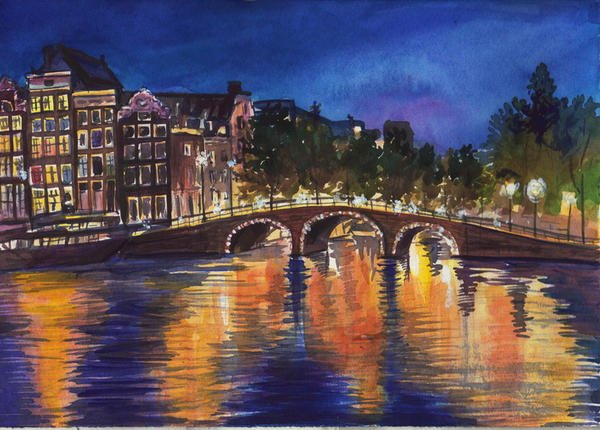 Пейзаж ночного города гуашью