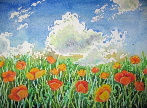 Пейзаж цветы гуашью