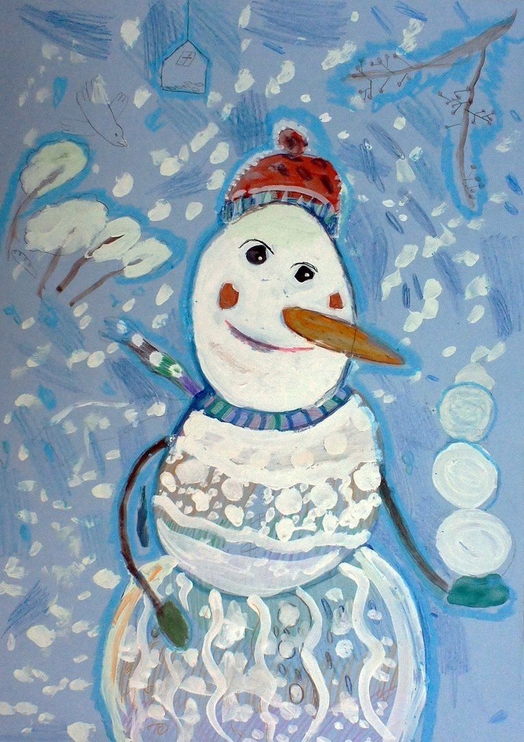 Рисование гуашью Снеговик
