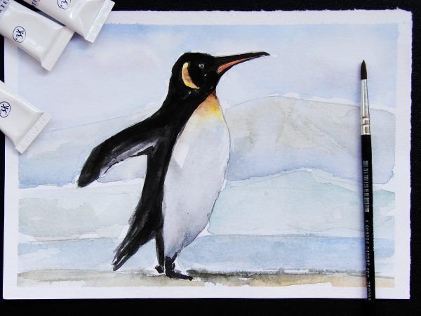 Пингвин акварелью поэтапно