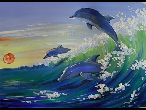 Морской пейзаж с дельфинами гуашью