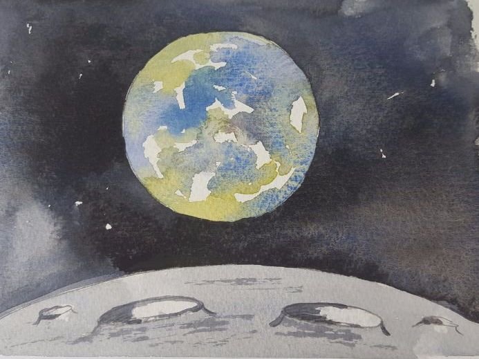 Дом на луне рисунок детский окружающий мир. Луна акварелью. Поверхность Луны акварель. Луна рисунок акварелью. Земля в космосе акварель.