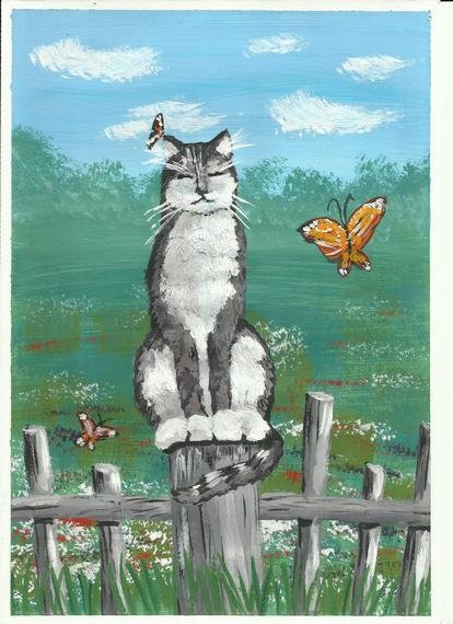 Картина кот на заборе