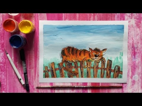 Кот на заборе гуашью