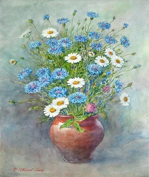 Полевые цветы в вазе гуашью