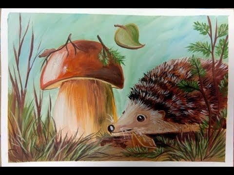 Ежик осенью гуашь