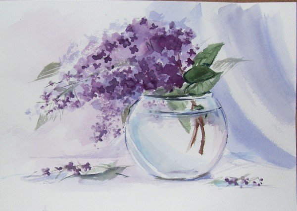 Сирень акварелью пошагово