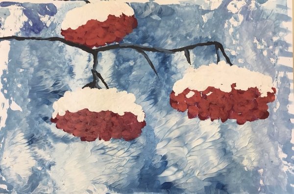 Рябина в снегу гуашью