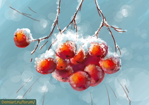 Рябина в снегу гуашью