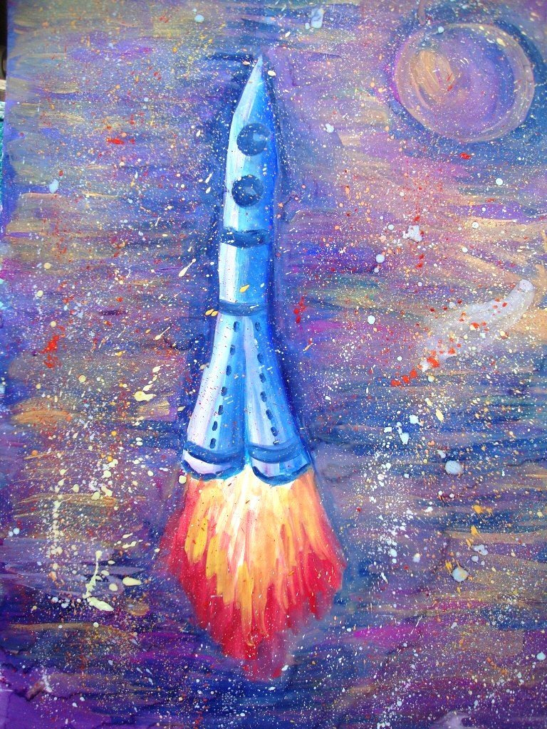 Ракета рисунок красками. Рисование космос. Рисование для детей космос. Космос красками для детей. Композиция на тему космос.