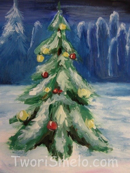 Елка на окне гуашью