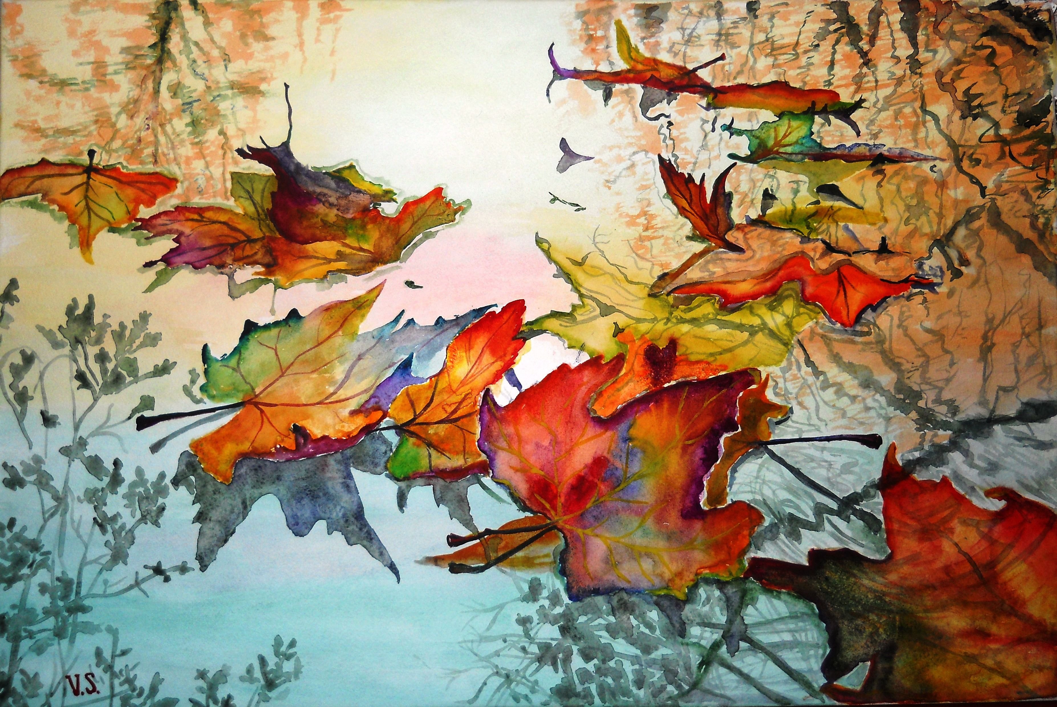 Нарисовать в одном рисунке лёд на речке, опавшие листья и осень