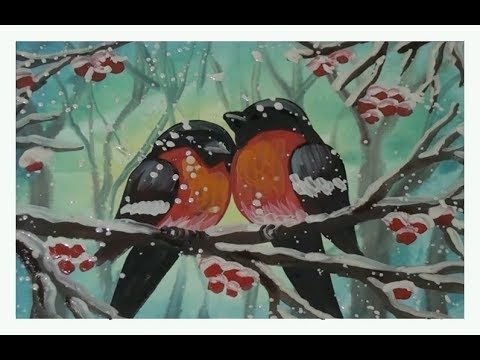 Рисование гуашью Снегири на ветке рябины