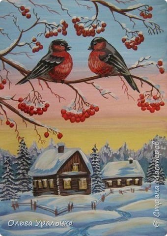 Зимний пейзаж со снегирями гуашью