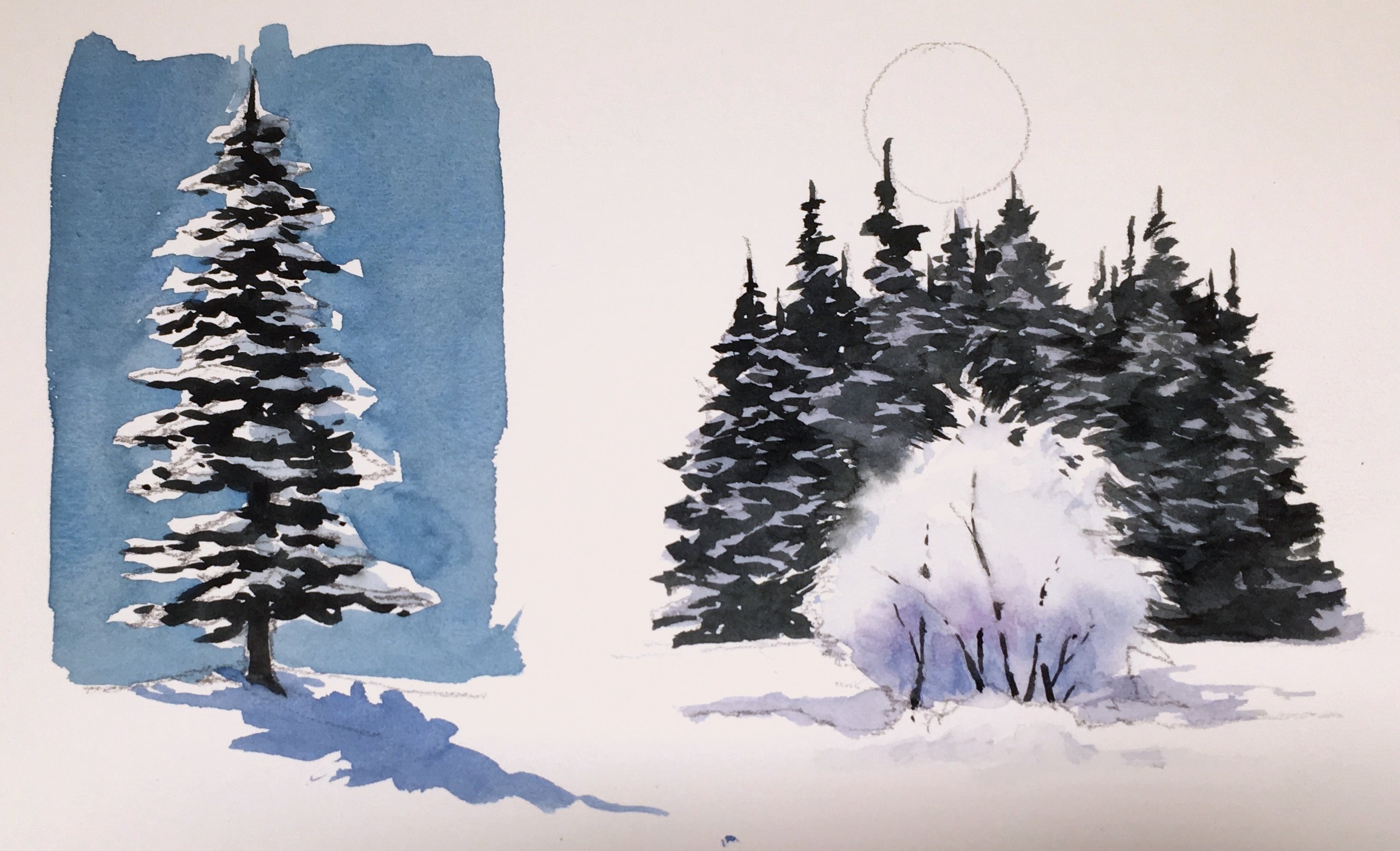 Рисование зимних деревьев и пейзажев