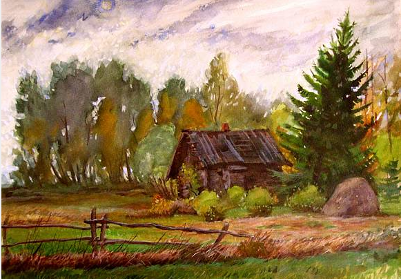 Сельский пейзаж гуашью