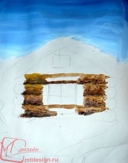 Домик из брёвен рисунок красками
