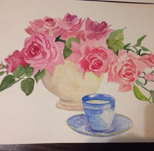 Розы в вазе гуашью