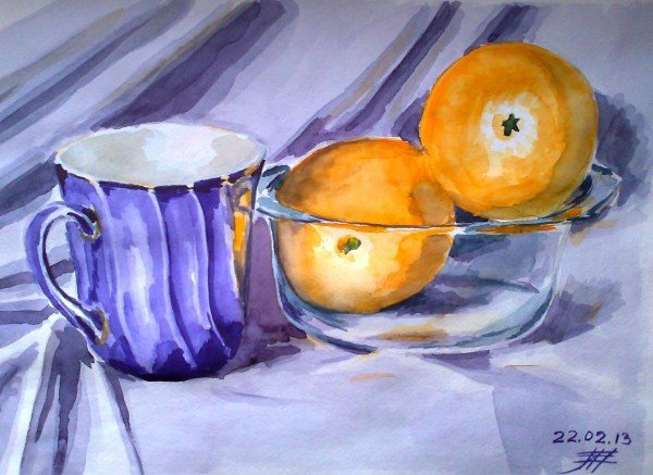 Этюд акварелью фрукты и посуда