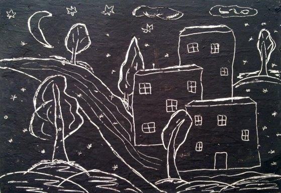 Ночной город в технике граттаж