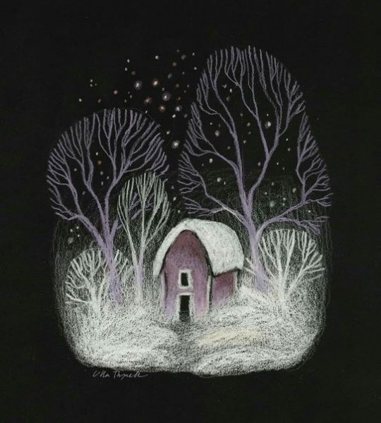 Зимний пейзаж на тонированной бумаге