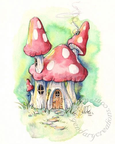 Сказочный гриб акварелью